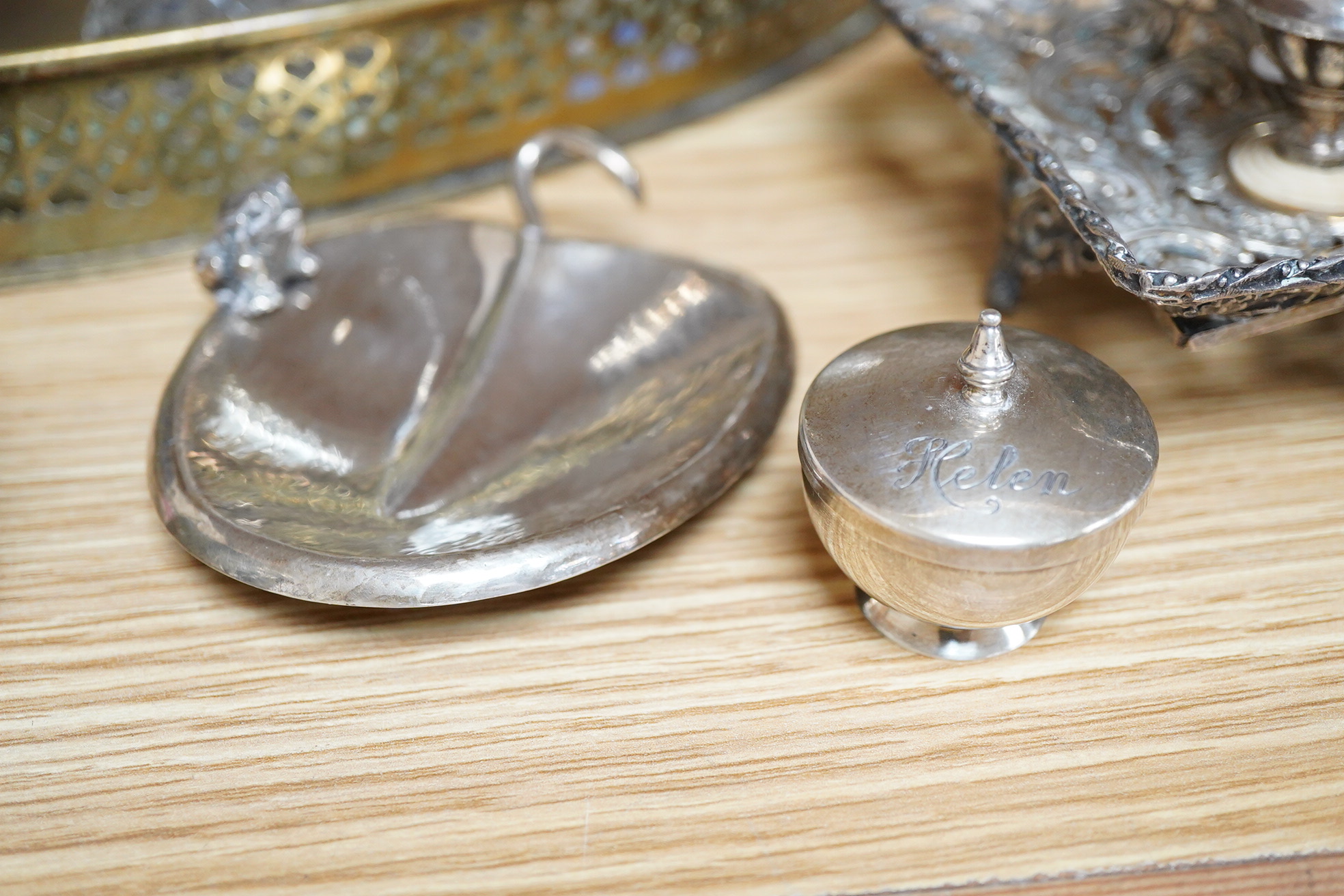 An Art Nouveau style enamelled timepiece by A. E. Williams, a small group of various plated wares and some small silver
